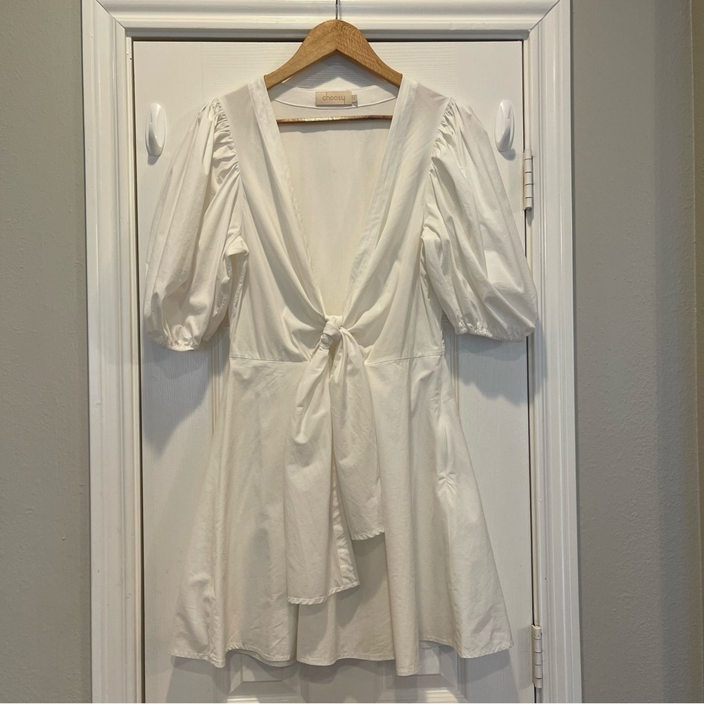 Choosy White V-Neck Tie Up Puff Sleeve Mini Dress Size Large Coquette Feminine